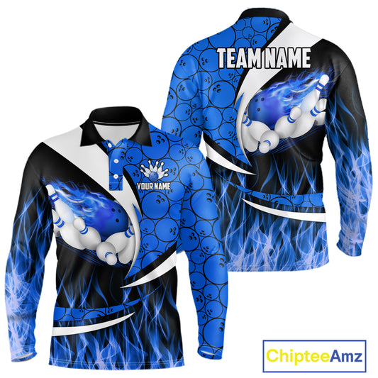 Blue Flame Bowling Camo Bowling Polo, Quarter Zip Shirts For Men Custom Bowling Team Bowler Jerseys NQS11195