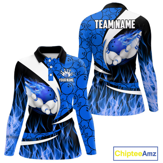 Blue Flame Bowling Camo Bowling Polo, Quarter Zip Shirts For Women Custom Bowling Team Bowler Jerseys NQS11195