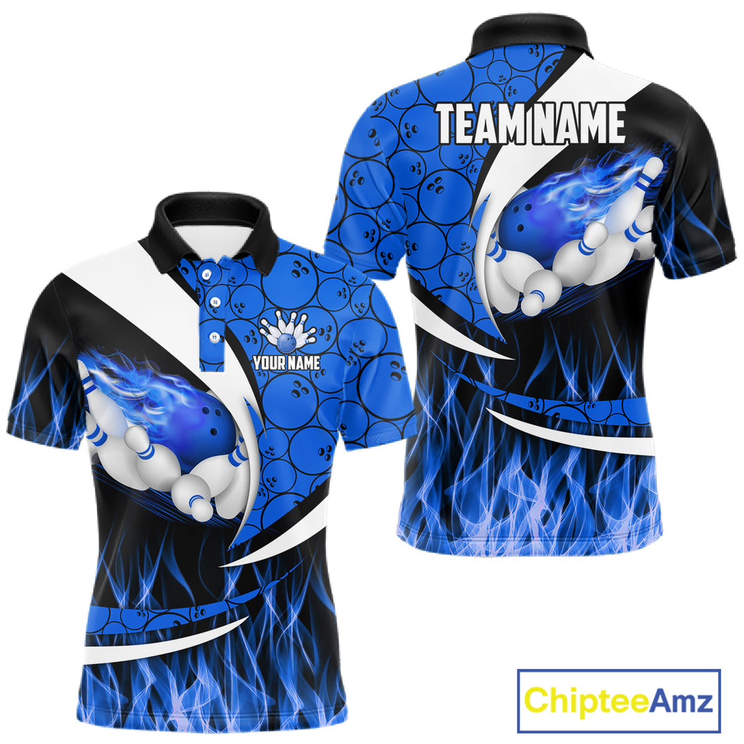 Blue Flame Bowling Camo Bowling Polo, Quarter Zip Shirts For Men Custom Bowling Team Bowler Jerseys NQS11195