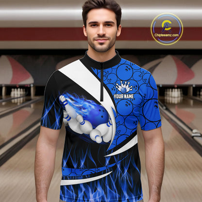 Blue Flame Bowling Camo Bowling Polo, Quarter Zip Shirts For Men Custom Bowling Team Bowler Jerseys NQS11195
