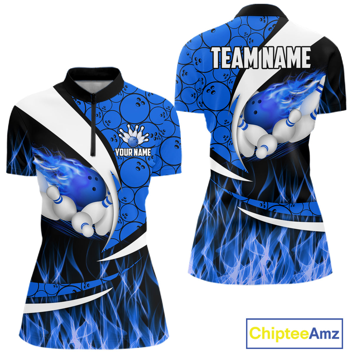 Blue Flame Bowling Camo Bowling Polo, Quarter Zip Shirts For Women Custom Bowling Team Bowler Jerseys NQS11195