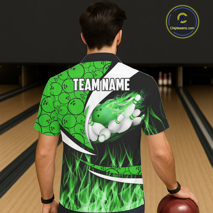 Green Flame Bowling Camo Bowling Hawaiian Shirts Custom Bowling Team Bowler Jerseys NQS11196