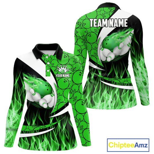 Green Flame Bowling Camo Bowling Polo, Quarter Zip Shirts For Women Custom Bowling Team Bowler Jersey NQS11196