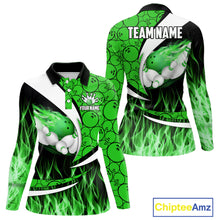 Load image into Gallery viewer, Green Flame Bowling Camo Bowling Polo, Quarter Zip Shirts For Women Custom Bowling Team Bowler Jersey NQS11196