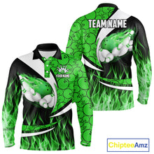 Load image into Gallery viewer, Green Flame Bowling Camo Bowling Polo, Quarter Zip Shirts For Men Custom Bowling Team Bowler Jerseys NQS11196