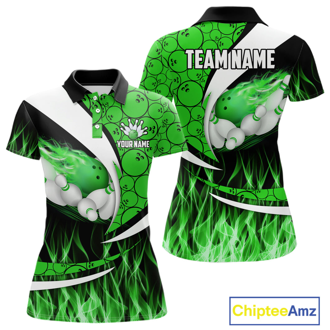 Green Flame Bowling Camo Bowling Polo, Quarter Zip Shirts For Women Custom Bowling Team Bowler Jersey NQS11196