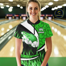Load image into Gallery viewer, Green Flame Bowling Camo Bowling Polo, Quarter Zip Shirts For Women Custom Bowling Team Bowler Jersey NQS11196