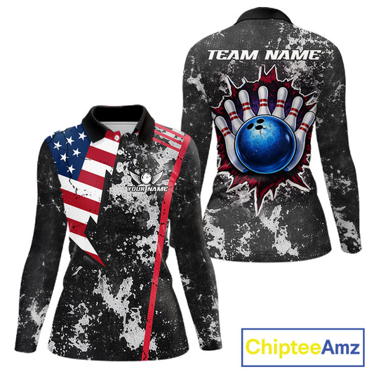 American Flag grunge Women Bowling polo shirts, 1/4 zip shirt Custom patriotic team bowling jerseys NQS11405