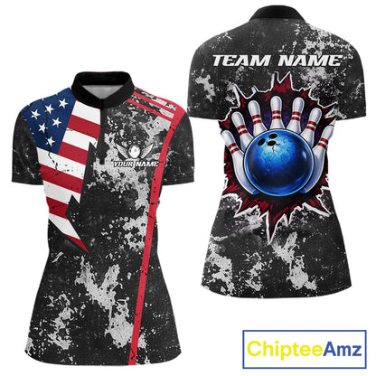 American Flag grunge Women Bowling polo shirts, 1/4 zip shirt Custom patriotic team bowling jerseys NQS11405