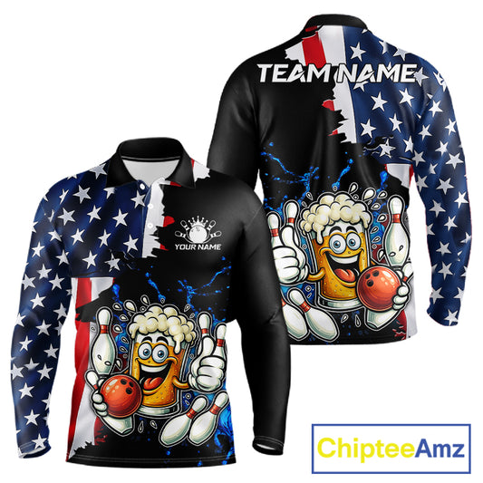 Funny Beer Bowling Shirts for Men Custom US Flag Patriotic Team Bowling Jerseys Uniforms NQS11602