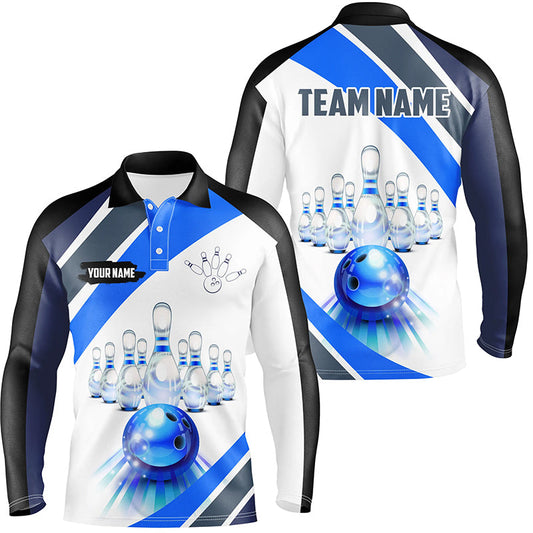 Blue Light Bowling Polo, Quarter Zip Shirt for men Custom Bowling ball and pins Team League Jerseys NQS7586