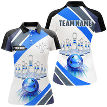Load image into Gallery viewer, Blue Light Bowling Polo, Quarter Zip Shirt for Women Custom Bowling ball and pins Team League Jerseys NQS7586