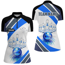 Load image into Gallery viewer, Blue Light Bowling Polo, Quarter Zip Shirt for Women Custom Bowling ball and pins Team League Jerseys NQS7586