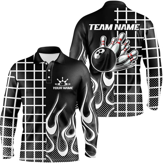 Black and white retro Bowling Polo, Quarter Zip Shirt for Men Custom Bowling Team League Jerseys NQS7588