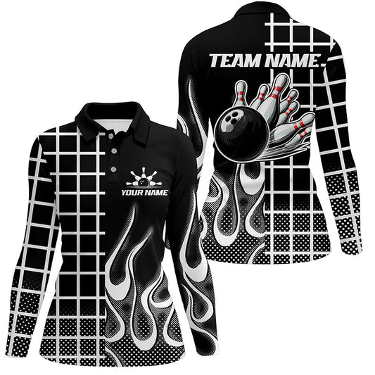 Black and white retro Bowling Polo, Quarter Zip Shirt for Women Custom Bowling Team League Jerseys NQS7588