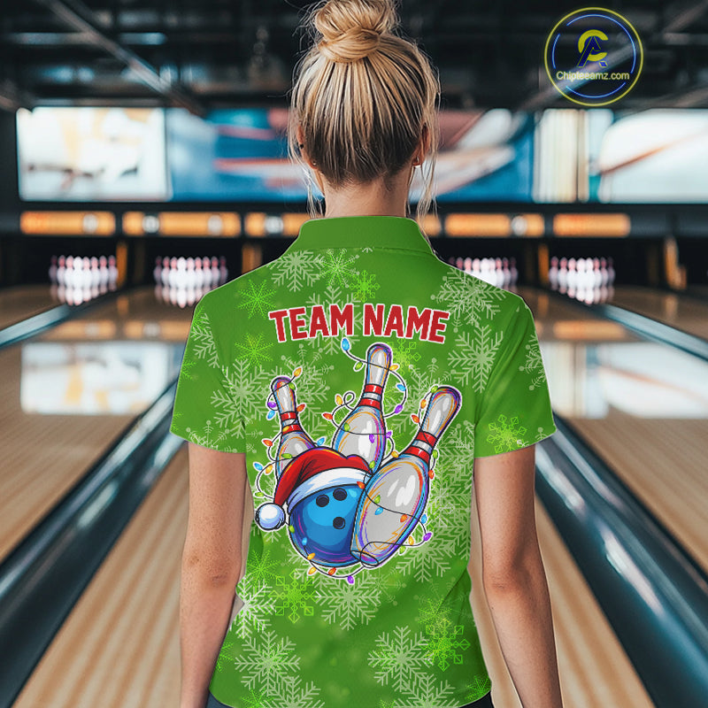 Personalized Funny Green Snowflake Christmas Bowling Team Shirts For Women, Christmas Bowling Gifts NQS10831