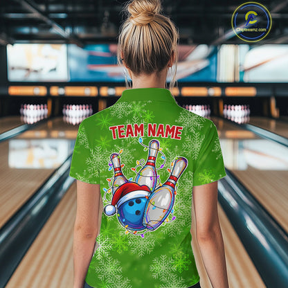 Personalized Funny Green Snowflake Christmas Bowling Team Shirts For Women, Christmas Bowling Gifts NQS10831