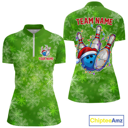 Personalized Funny Green Snowflake Christmas Bowling Team Shirts For Women, Christmas Bowling Gifts NQS10831