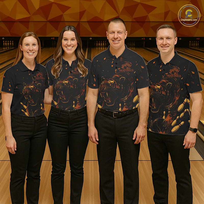 Personalized Black and Orange Tiger Bowling Team Polo, 1/4 Zip Shirts For Men, Tiger Bowling Jerseys NQS11203