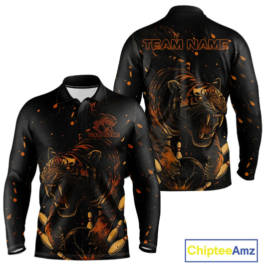 Personalized Black and Orange Tiger Bowling Team Polo, 1/4 Zip Shirts For Men, Tiger Bowling Jerseys NQS11203