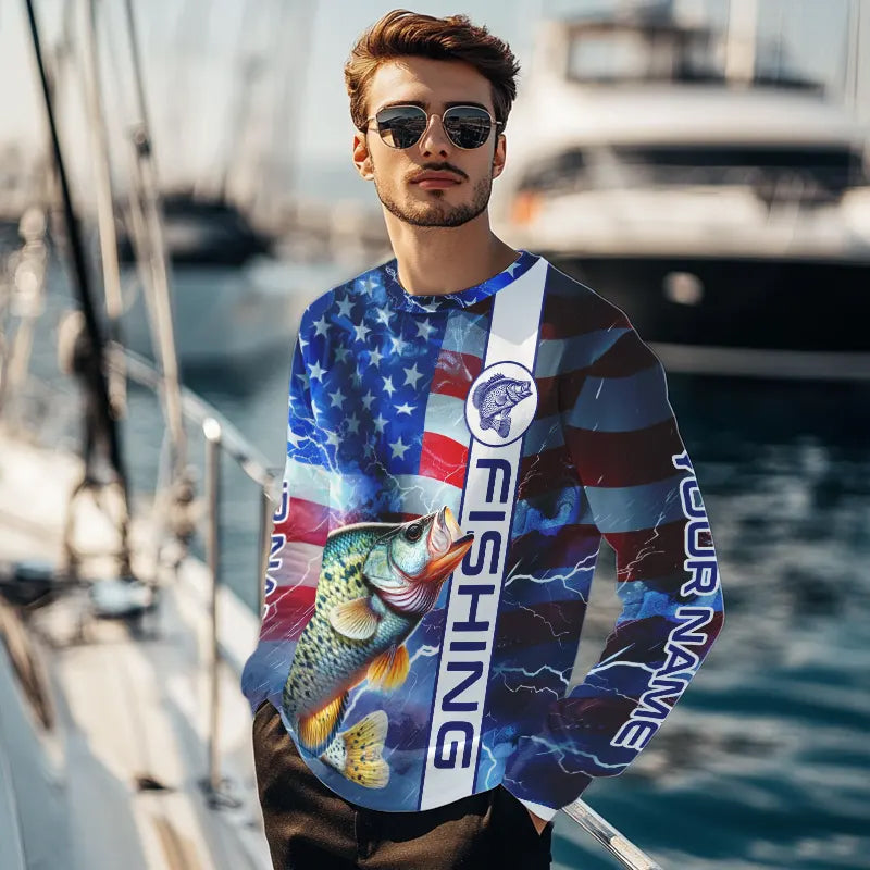 American flag Crappie lingtning Long Sleeve Fishing Shirts custom Patriotic Crappie fishing jerseys NQS9472