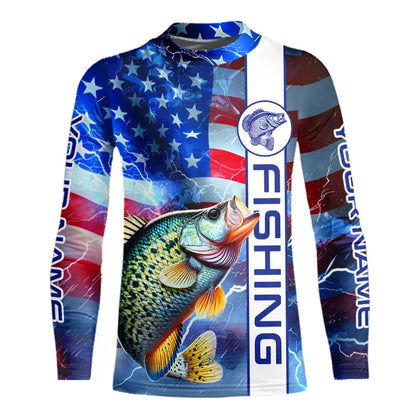 American flag Crappie lingtning Long Sleeve Fishing Shirts custom Patriotic Crappie fishing jerseys NQS9472