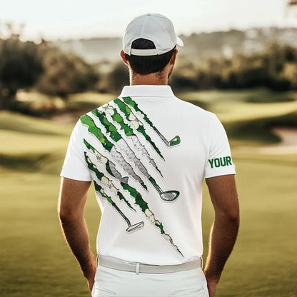 Green shamrock pattern White Mens Golf Polo Shirt Custom golf clubs St Patrick day golf attire for men NQS9476