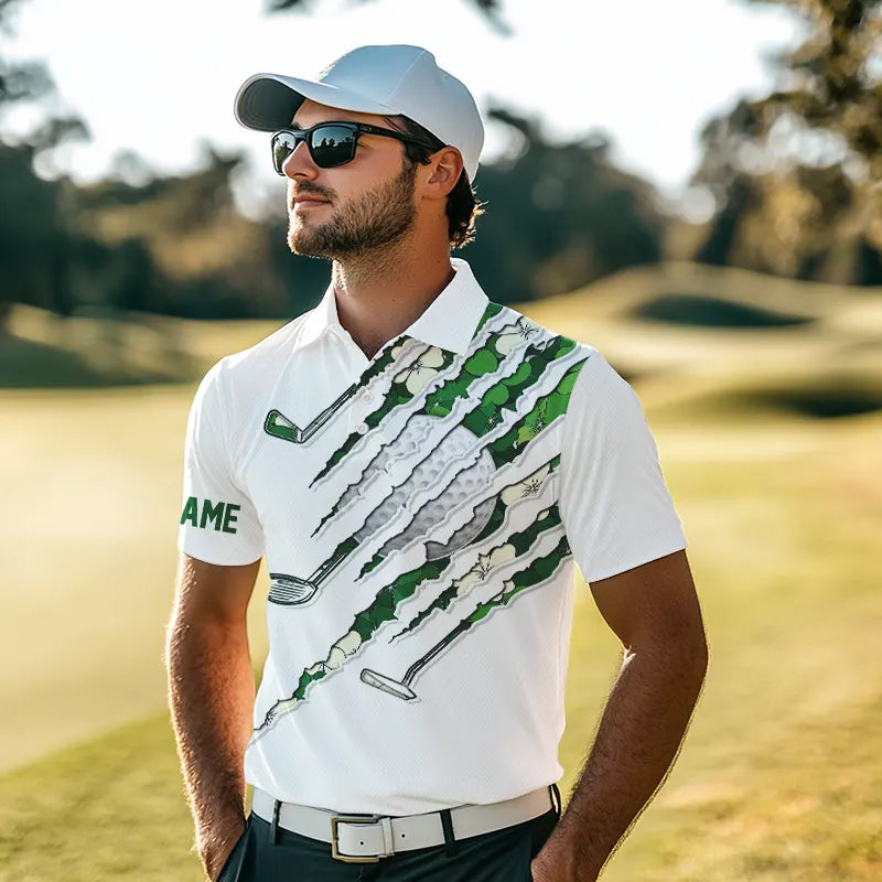 Green shamrock pattern White Mens Golf Polo Shirt Custom golf clubs St Patrick day golf attire for men NQS9476
