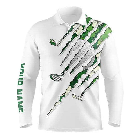Green shamrock pattern White Mens Golf Polo Shirt Custom golf clubs St Patrick day golf attire for men NQS9476