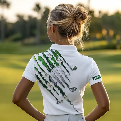 Green shamrock pattern White Women Golf Polo Shirt Custom golf clubs St Patrick day ladies golf attire NQS9476