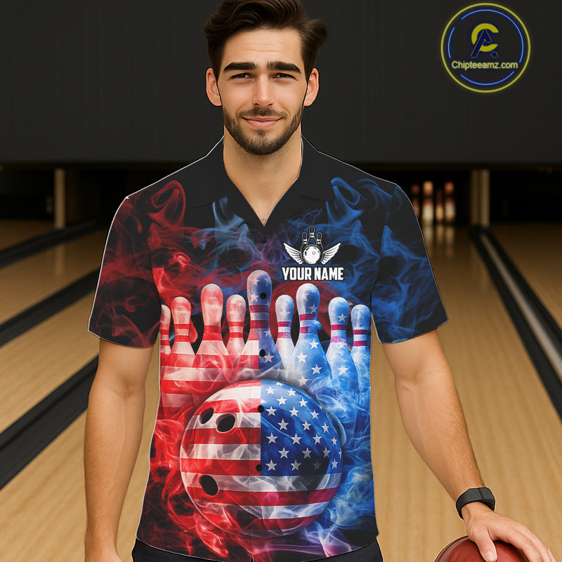 Smoke American Flag Bowling ball & pins Bowling Button-up Shirts Custom patriotic Team Bowling Jersey NQS11606