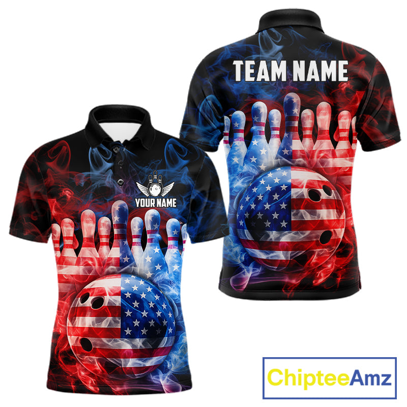 Smoke American Flag Bowling ball and pins Bowling Shirts for Men Custom patriotic Team Bowling Jersey NQS11606
