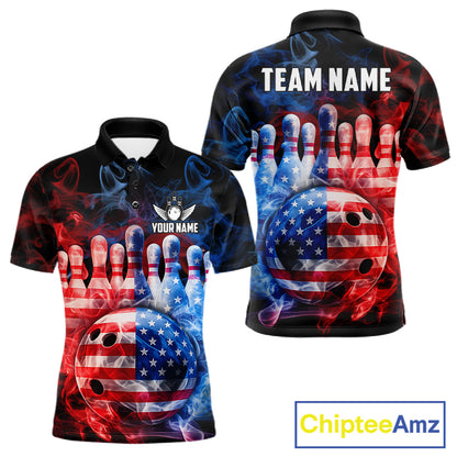 Smoke American Flag Bowling ball and pins Bowling Shirts for Men Custom patriotic Team Bowling Jersey NQS11606