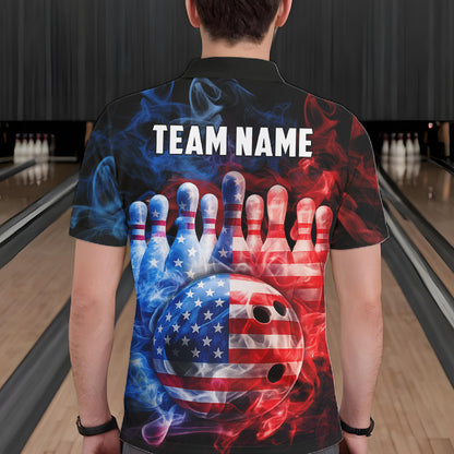 Smoke American Flag Bowling ball and pins Bowling Shirts for Men Custom patriotic Team Bowling Jersey NQS11606