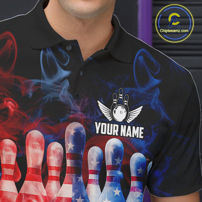 Smoke American Flag Bowling ball and pins Bowling Shirts for Men Custom patriotic Team Bowling Jersey NQS11606