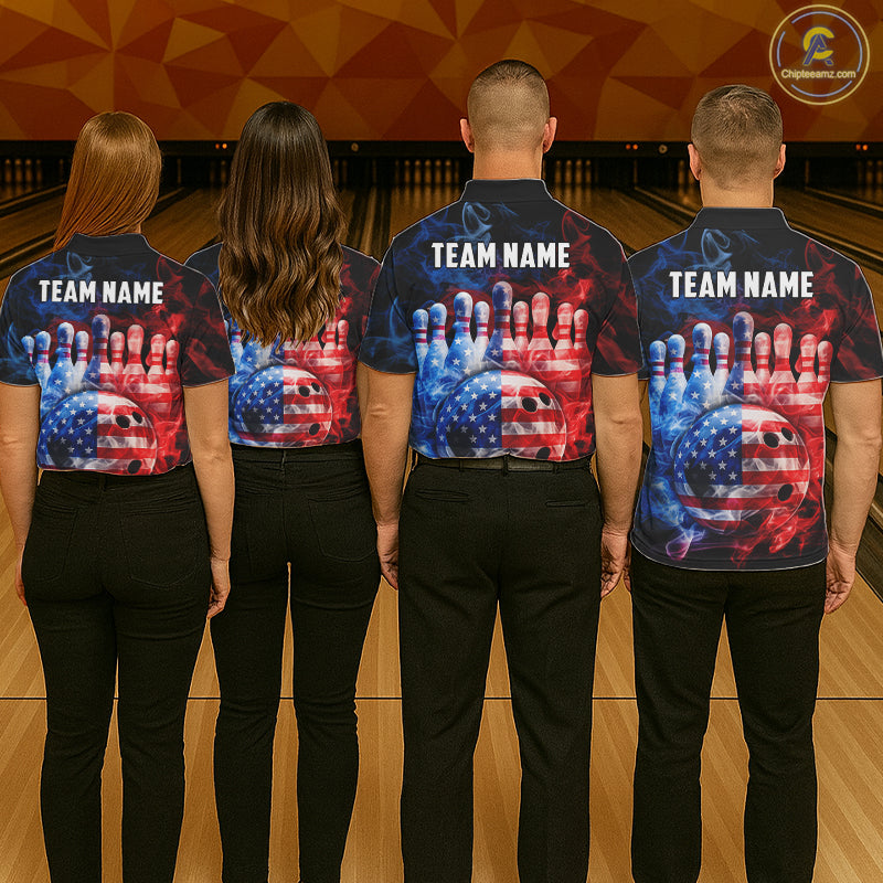 Smoke American Flag Bowling ball & pins Bowling Shirts for Women Custom patriotic Team Bowling Jersey NQS11606