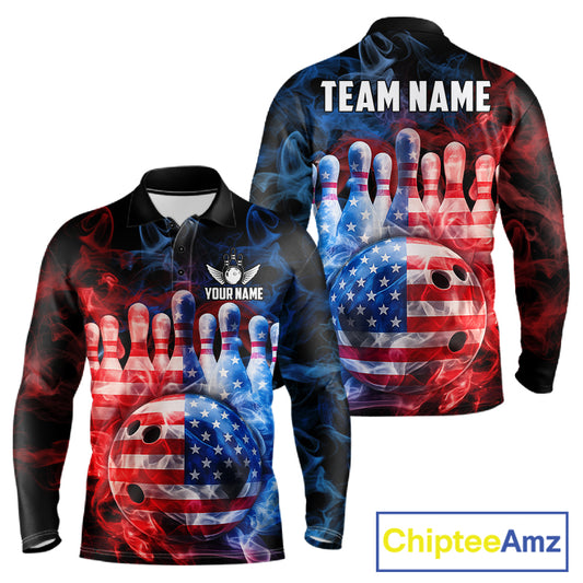 Smoke American Flag Bowling ball and pins Bowling Shirts for Men Custom patriotic Team Bowling Jersey NQS11606