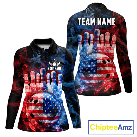 Smoke American Flag Bowling ball & pins Bowling Shirts for Women Custom patriotic Team Bowling Jersey NQS11606