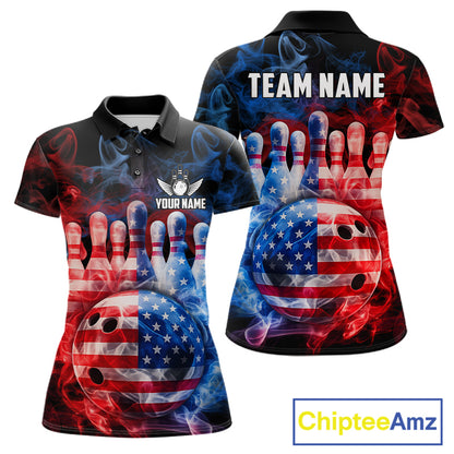 Smoke American Flag Bowling ball & pins Bowling Shirts for Women Custom patriotic Team Bowling Jersey NQS11606