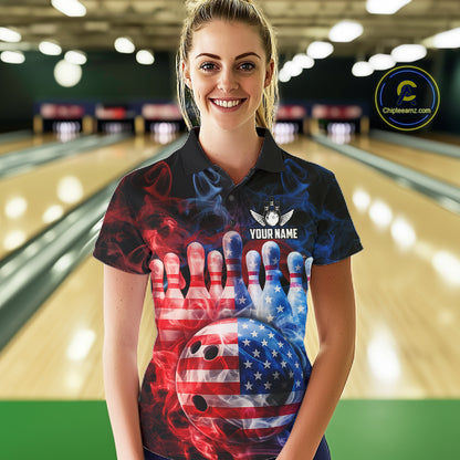 Smoke American Flag Bowling ball & pins Bowling Shirts for Women Custom patriotic Team Bowling Jersey NQS11606
