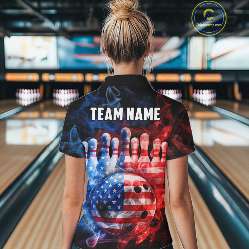 Smoke American Flag Bowling ball & pins Bowling Shirts for Women Custom patriotic Team Bowling Jersey NQS11606