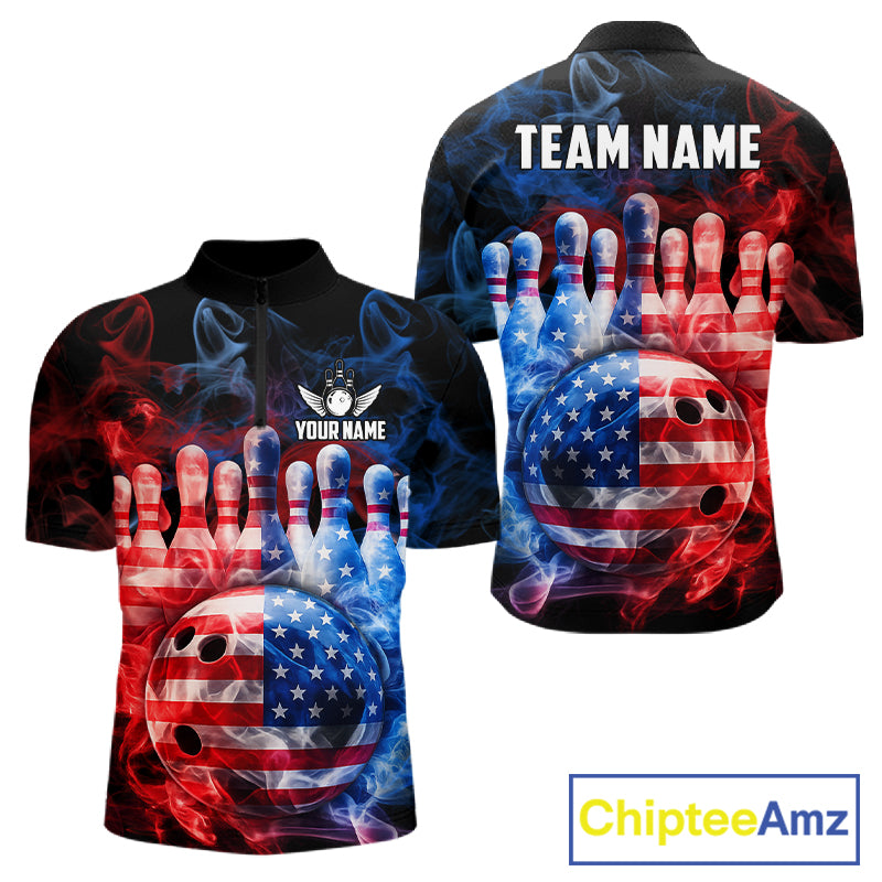 Smoke American Flag Bowling ball and pins Bowling Shirts for Men Custom patriotic Team Bowling Jersey NQS11606