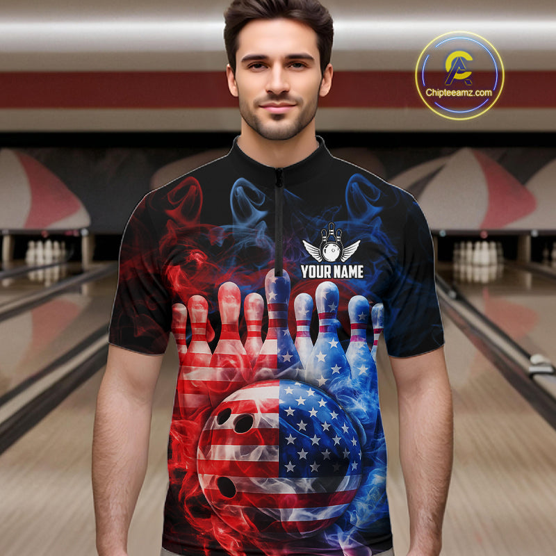 Smoke American Flag Bowling ball and pins Bowling Shirts for Men Custom patriotic Team Bowling Jersey NQS11606