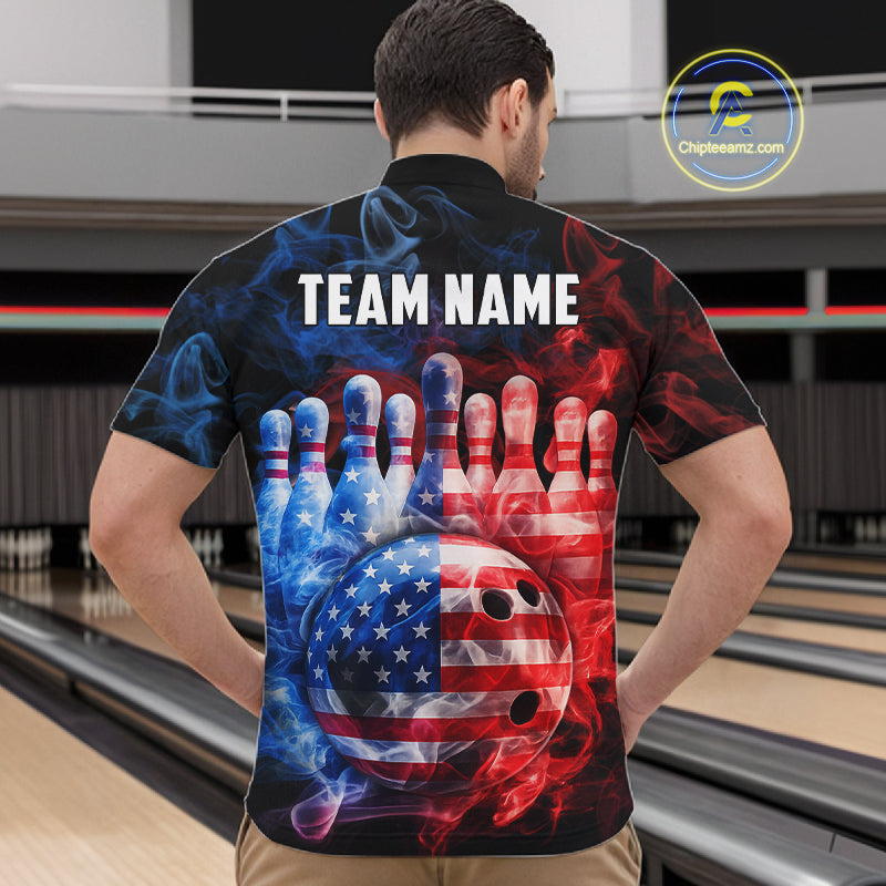 Smoke American Flag Bowling ball and pins Bowling Shirts for Men Custom patriotic Team Bowling Jersey NQS11606