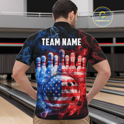 Smoke American Flag Bowling ball and pins Bowling Shirts for Men Custom patriotic Team Bowling Jersey NQS11606