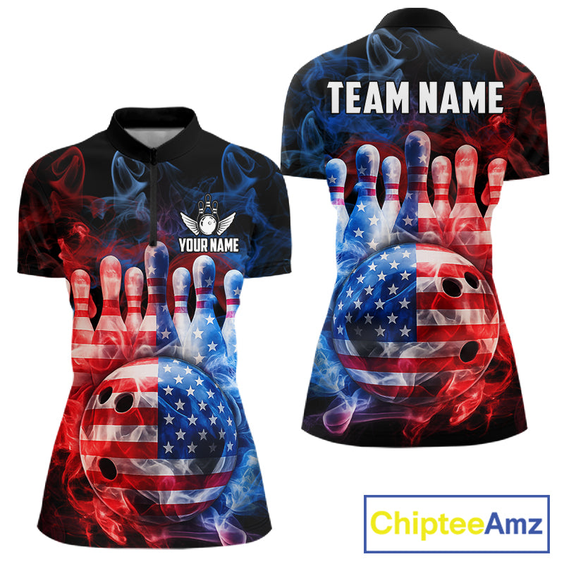 Smoke American Flag Bowling ball & pins Bowling Shirts for Women Custom patriotic Team Bowling Jersey NQS11606