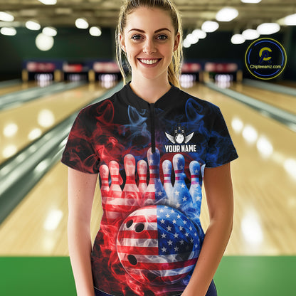 Smoke American Flag Bowling ball & pins Bowling Shirts for Women Custom patriotic Team Bowling Jersey NQS11606