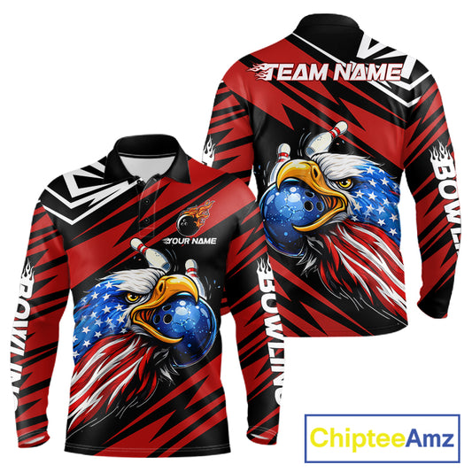 Custom Black and Red Camo American Flag Eagle Bowling shirts for men, patriotic bowling team shirts NQS11609
