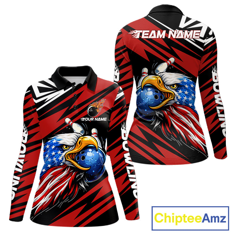 Custom Black and Red Camo American Flag Eagle Bowling shirts for Women, patriotic bowling team shirts NQS11609