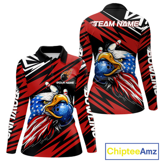 Custom Black and Red Camo American Flag Eagle Bowling shirts for Women, patriotic bowling team shirts NQS11609